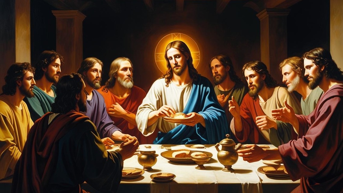 Jesus Breaking Bread At The Last Super With His Disciples