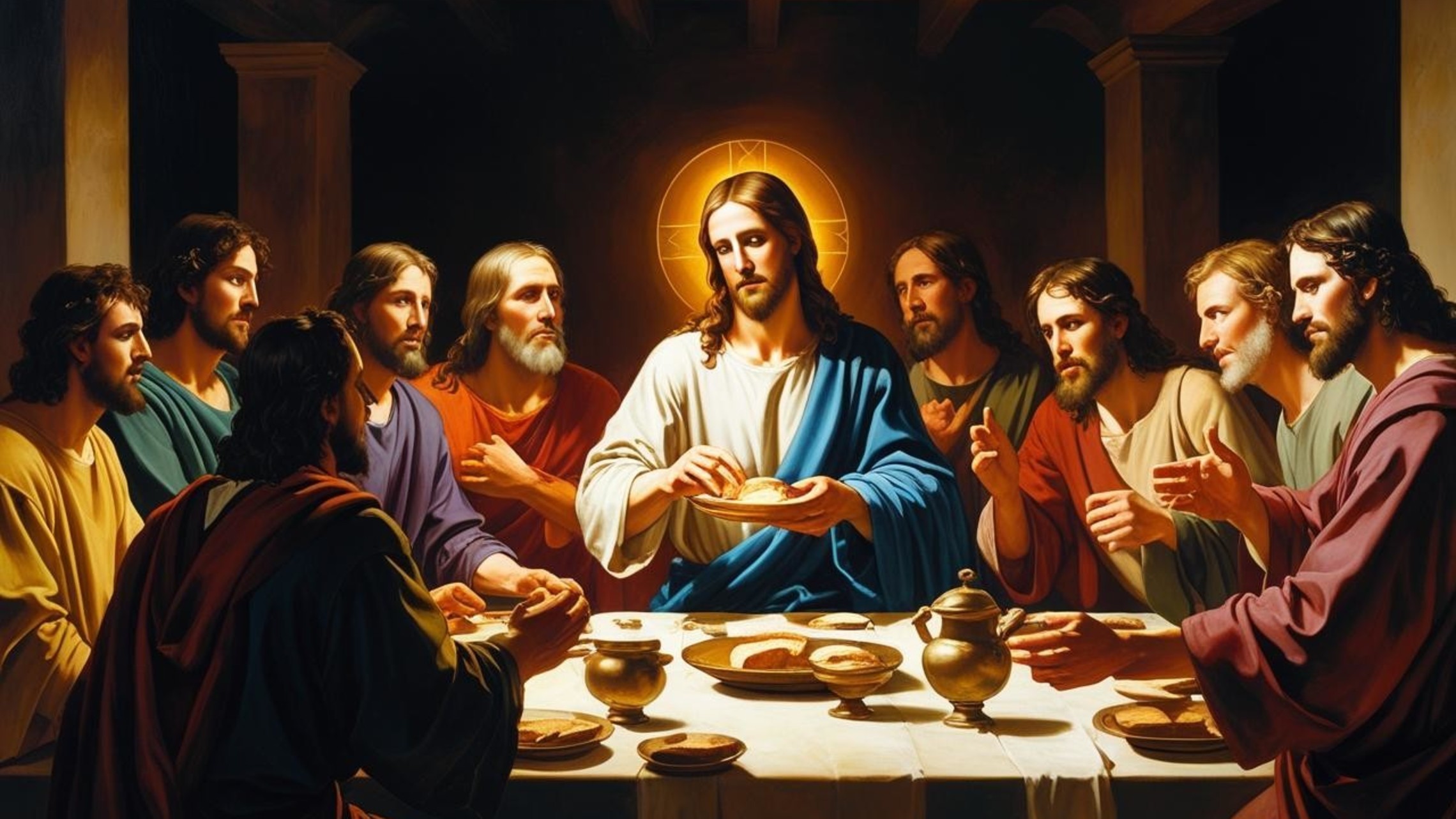 Jesus Breaking Bread At The Last Super With His Disciples