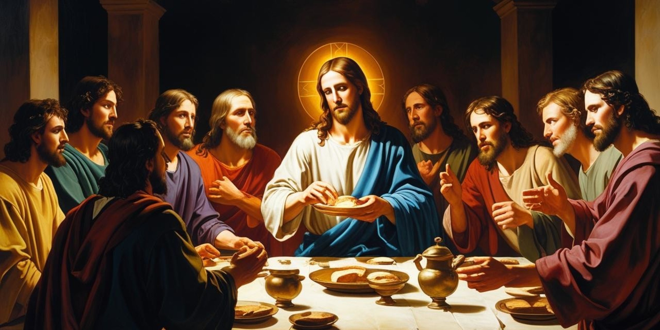 Jesus Breaking Bread At The Last Super With His Disciples
